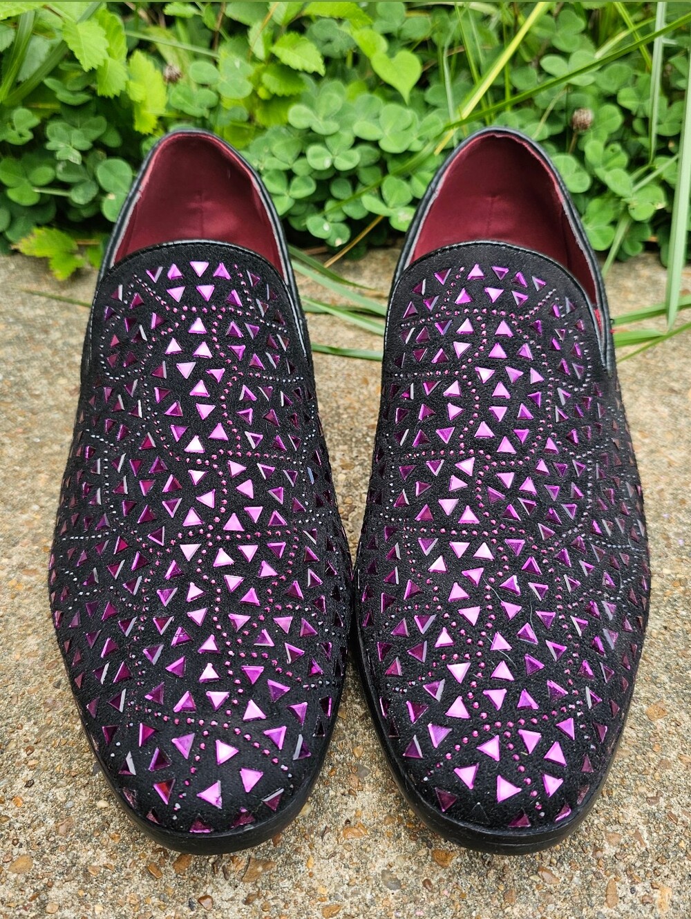 Men's Black & Purple Rhinestone Gem Laser-Cut Slip-On Dress Shoes
